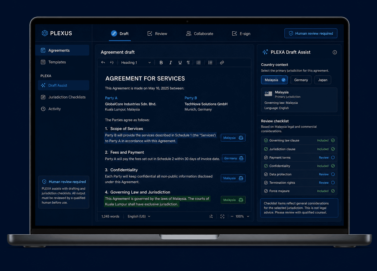 Plexus Agreement Studio concept with PLEXA country-context draft assistance and required human review